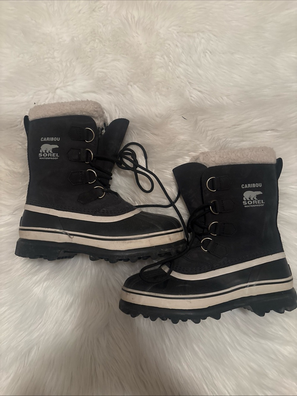 Sorel Black and White Caribou Lace-Up Winter Boots